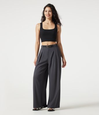 Mid Rise Baggy Casual Linen-Feel Pants with Pockets