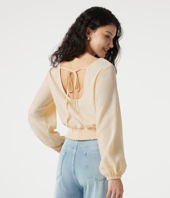 Square Neck Tie-back Bishop Sleeve Lace Panel Shirred Casual Linen-Feel Blouse