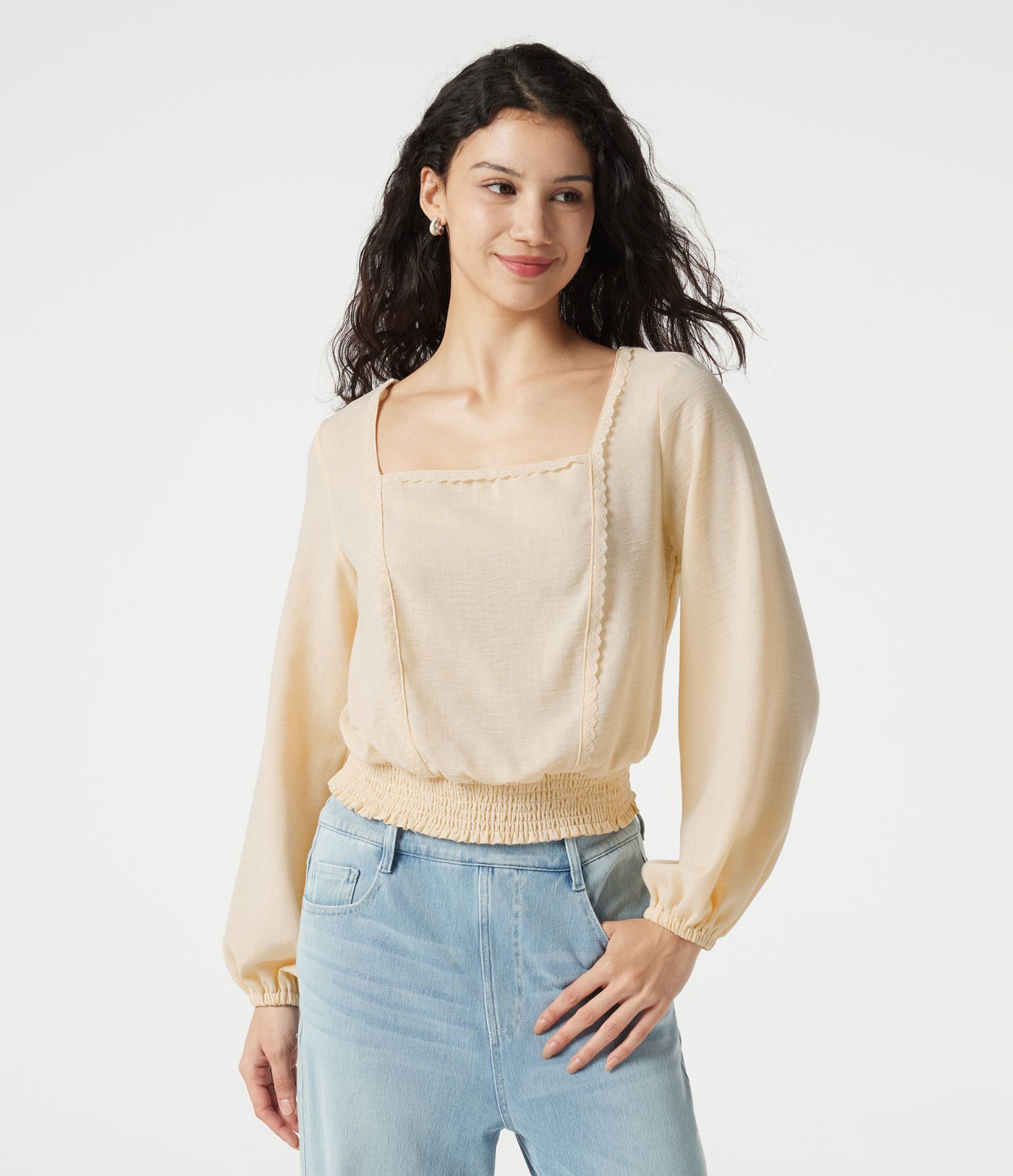 Square Neck Tie-back Bishop Sleeve Lace Panel Shirred Casual Linen-Feel Blouse