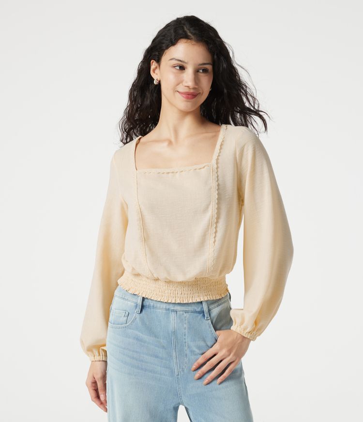 Square Neck Tie-back Bishop Sleeve Lace Panel Shirred Casual Linen-Feel Blouse