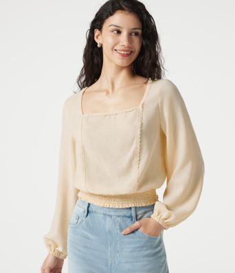 Square Neck Tie-back Bishop Sleeve Lace Panel Shirred Casual Linen-Feel Blouse
