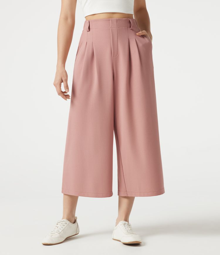 Halara Flex™ - Verkürzte Stoffhose mit hohem Bund, Seitentaschen, Waffelmuster und weitem Bein
