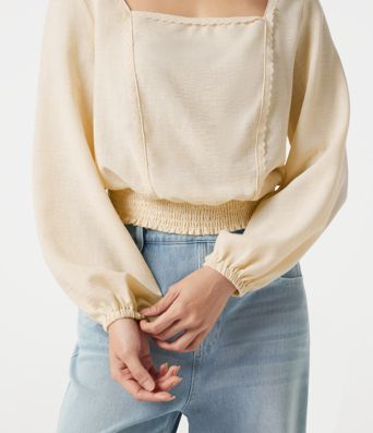 Square Neck Tie-back Bishop Sleeve Lace Panel Shirred Casual Linen-Feel Blouse