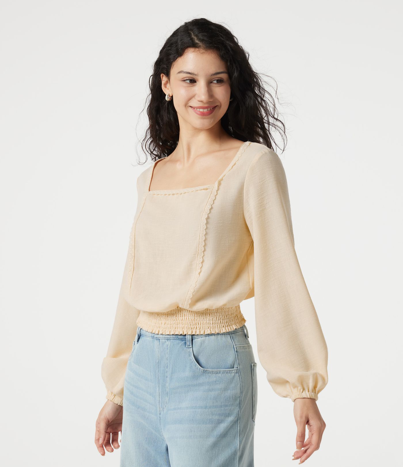 Square Neck Tie-back Bishop Sleeve Lace Panel Shirred Casual Linen-Feel Blouse