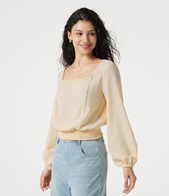Square Neck Tie-back Bishop Sleeve Lace Panel Shirred Casual Linen-Feel Blouse