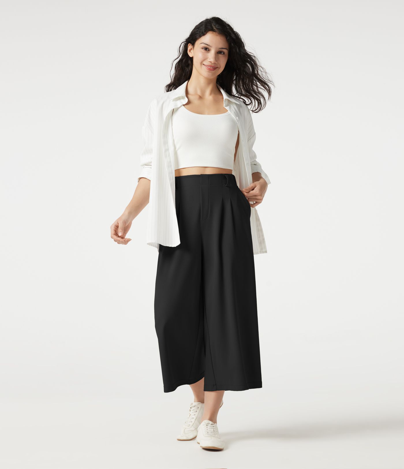 Halara Flex™ - Verkürzte Stoffhose mit hohem Bund, Seitentaschen, Waffelmuster und weitem Bein Halara Flex™ - Verkürzte Stoffhose mit hohem Bund, Seitentaschen, Waffelmuster und weitem Bein