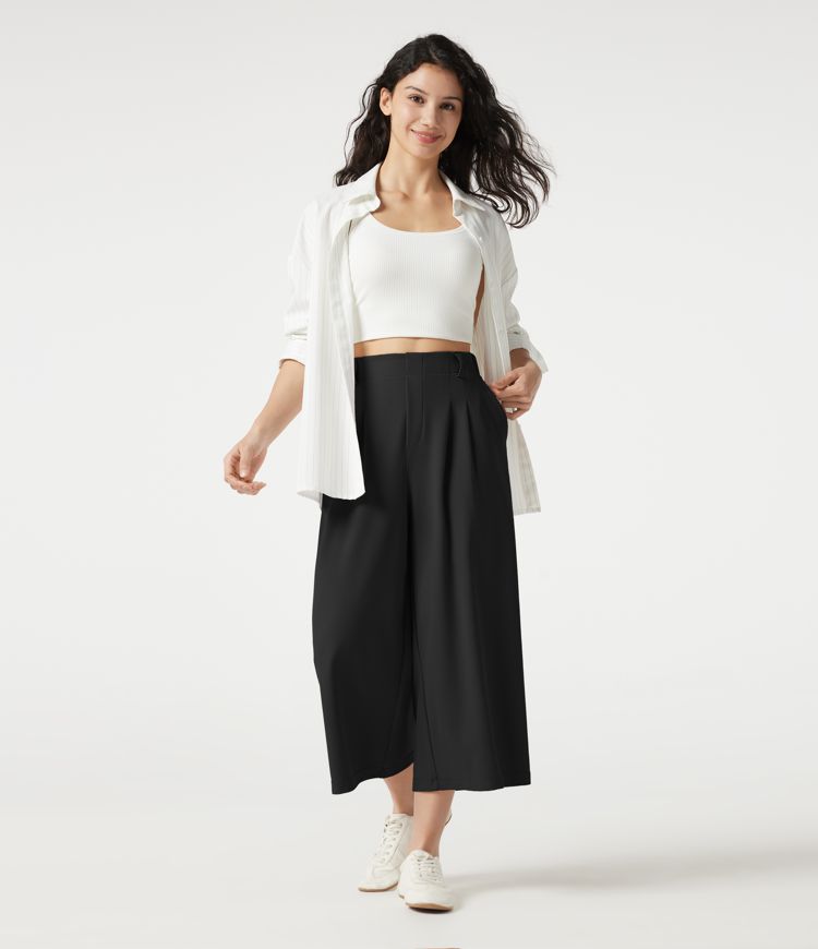 Halara Flex™ - Verkürzte Stoffhose mit hohem Bund, Seitentaschen, Waffelmuster und weitem Bein Halara Flex™ - Verkürzte Stoffhose mit hohem Bund, Seitentaschen, Waffelmuster und weitem Bein