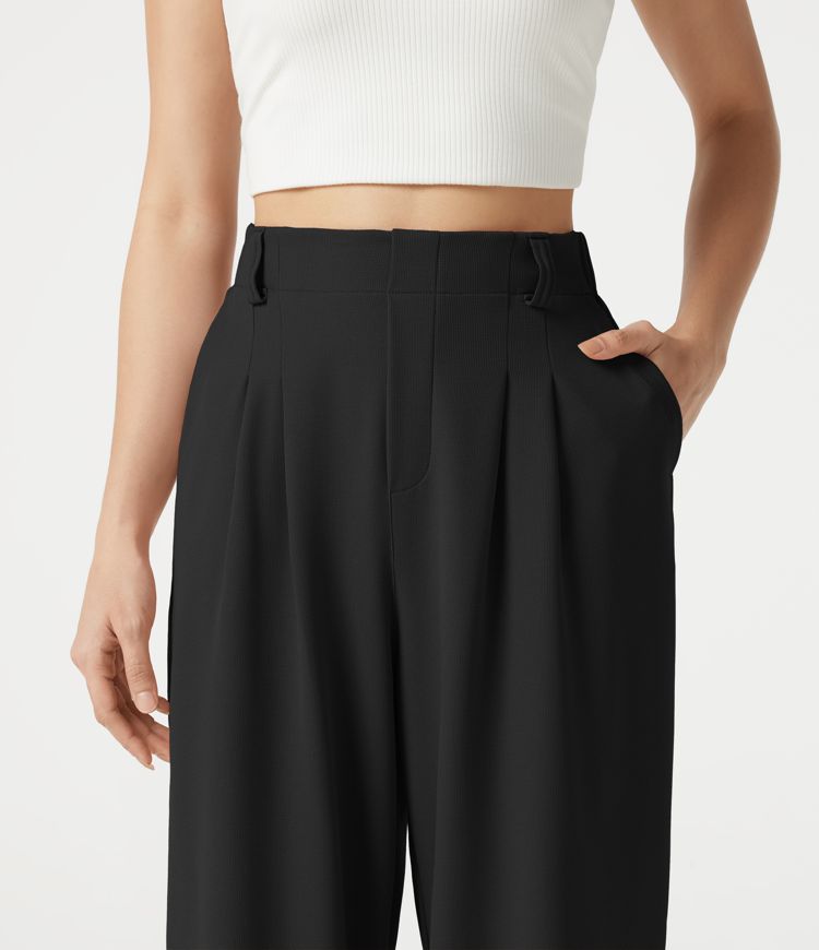Halara Flex™ - Verkürzte Stoffhose mit hohem Bund, Seitentaschen, Waffelmuster und weitem Bein Halara Flex™ - Verkürzte Stoffhose mit hohem Bund, Seitentaschen, Waffelmuster und weitem Bein