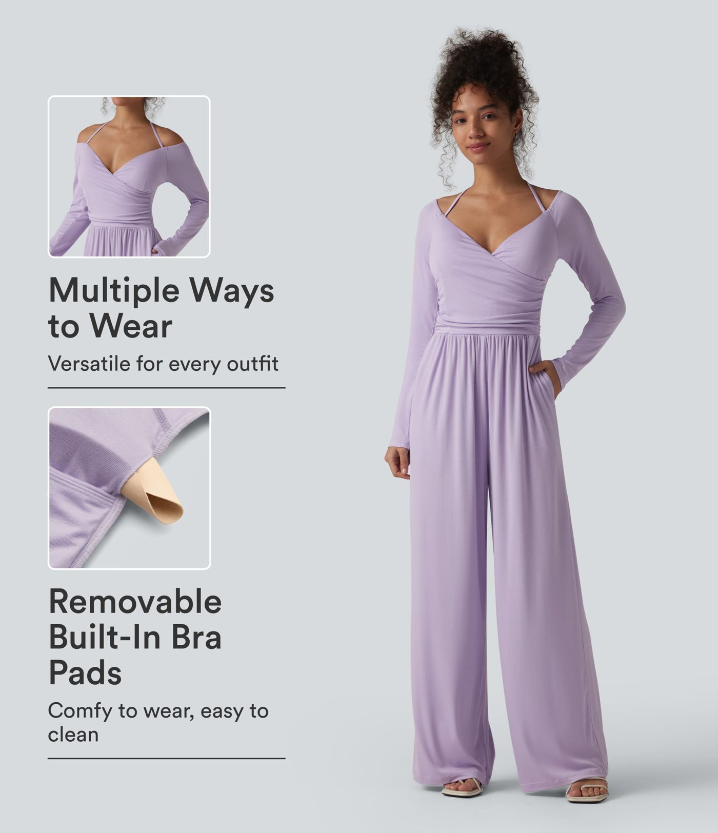 Ribbed Halter Tie Back Off Shoulder Built-in Bra Long Sleeve Casual Jumpsuit with Pockets Ribbed Halter Tie Back Off Shoulder Built-in Bra Long Sleeve Casual Jumpsuit with Pockets