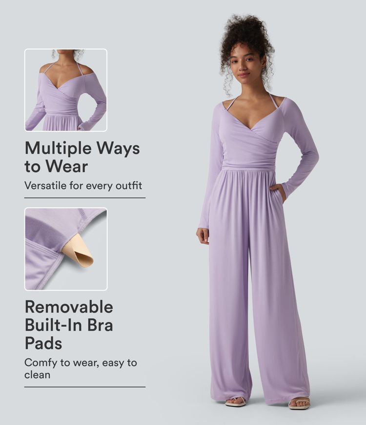 Ribbed Halter Tie Back Off Shoulder Built-in Bra Long Sleeve Casual Jumpsuit with Pockets Ribbed Halter Tie Back Off Shoulder Built-in Bra Long Sleeve Casual Jumpsuit with Pockets