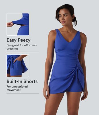 SoftlyZero™ Plush V Neck Built-in Bra Tie Side 2-in-1 Mini Yoga Active Dress with Pockets-Easy Peezy Edition SoftlyZero™ Plush V Neck Built-in Bra Tie Side 2-in-1 Mini Yoga Active Dress with Pockets-Easy Peezy Edition