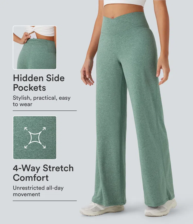 Mottled Pine Green Crossover High Waisted Pocket Wide Leg Yoga Pants / 1