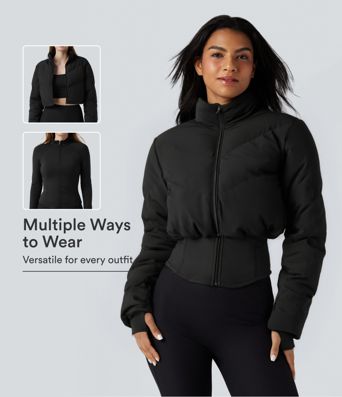 PuffFlex 3-in-1 Stand Collar Casual Cropped Puffer Coat & Thumb Holes Curved Hem Jacket with Pocket