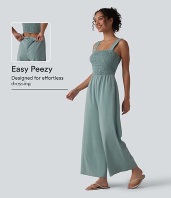 Square Neck Shirred Linen-Feel Jumpsuit-Easy Peezy Edition