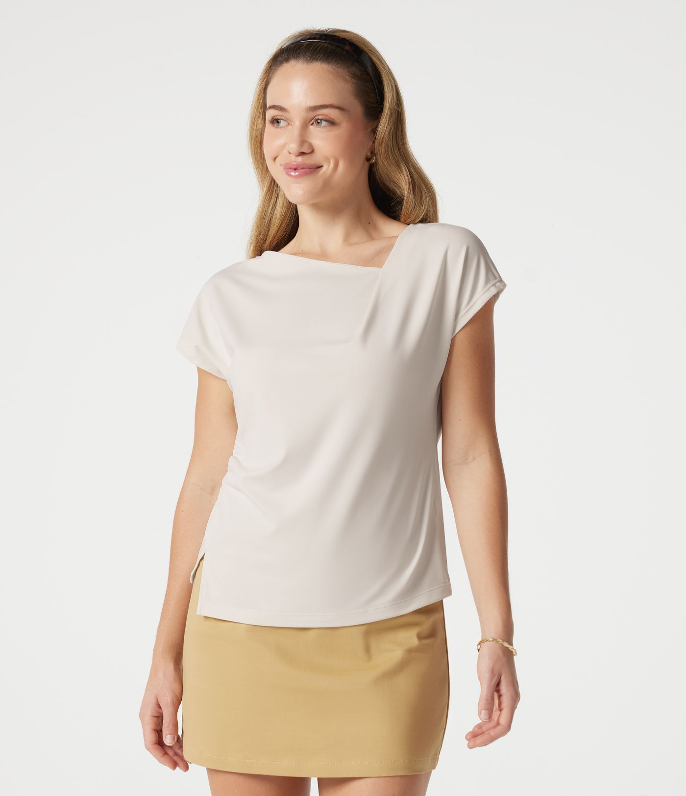 Asymmetric Cowl Neck Short Sleeve Ruched Split Hem Work Blouse