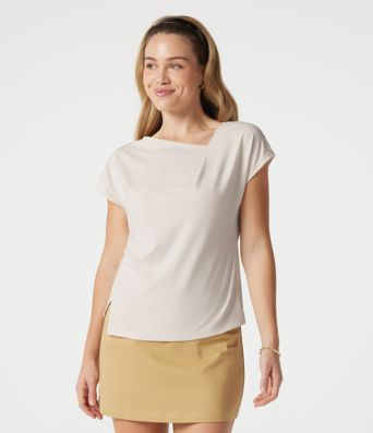 Asymmetric Cowl Neck Short Sleeve Ruched Split Hem Work Blouse