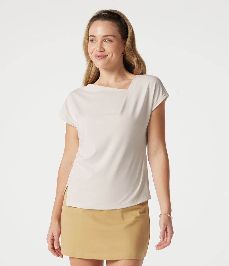 Asymmetric Cowl Neck Short Sleeve Ruched Split Hem Work Blouse