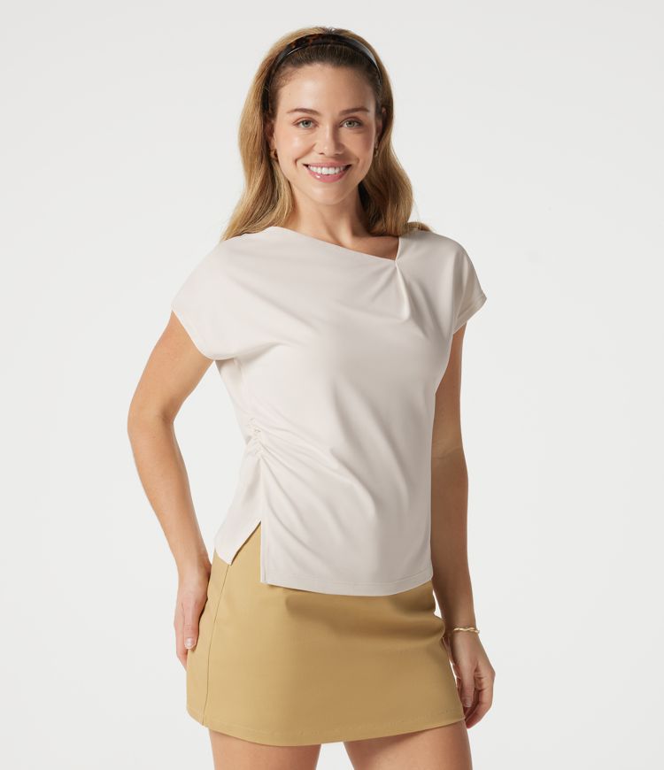 Asymmetric Cowl Neck Short Sleeve Ruched Split Hem Work Blouse