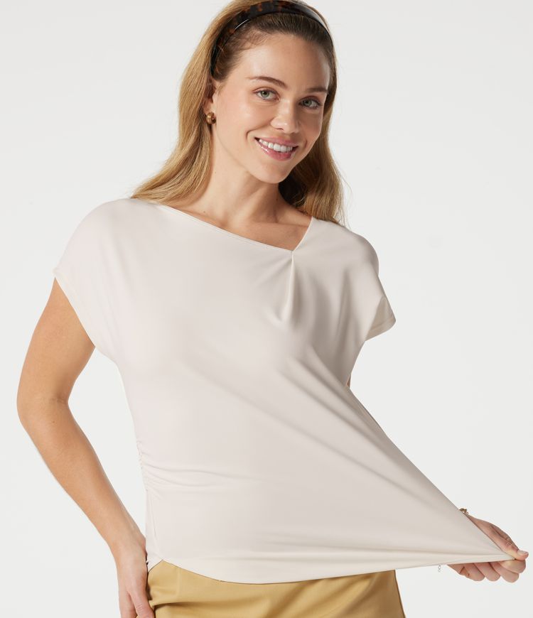 Asymmetric Cowl Neck Short Sleeve Ruched Split Hem Work Blouse