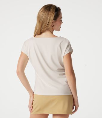 Asymmetric Cowl Neck Short Sleeve Ruched Split Hem Work Blouse