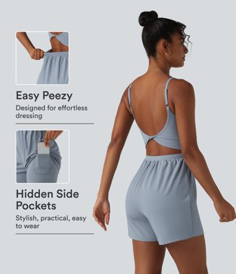 SoftlyZero™ Airy Twisted Backless Adjustable Straps 2-in-1 Built-in Bra Cool Touch Yoga Romper with Pocket-Easy Peezy