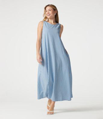Round Neck Sleeveless Midi Crinkle Gingham Casual Tank Dress with Pockets