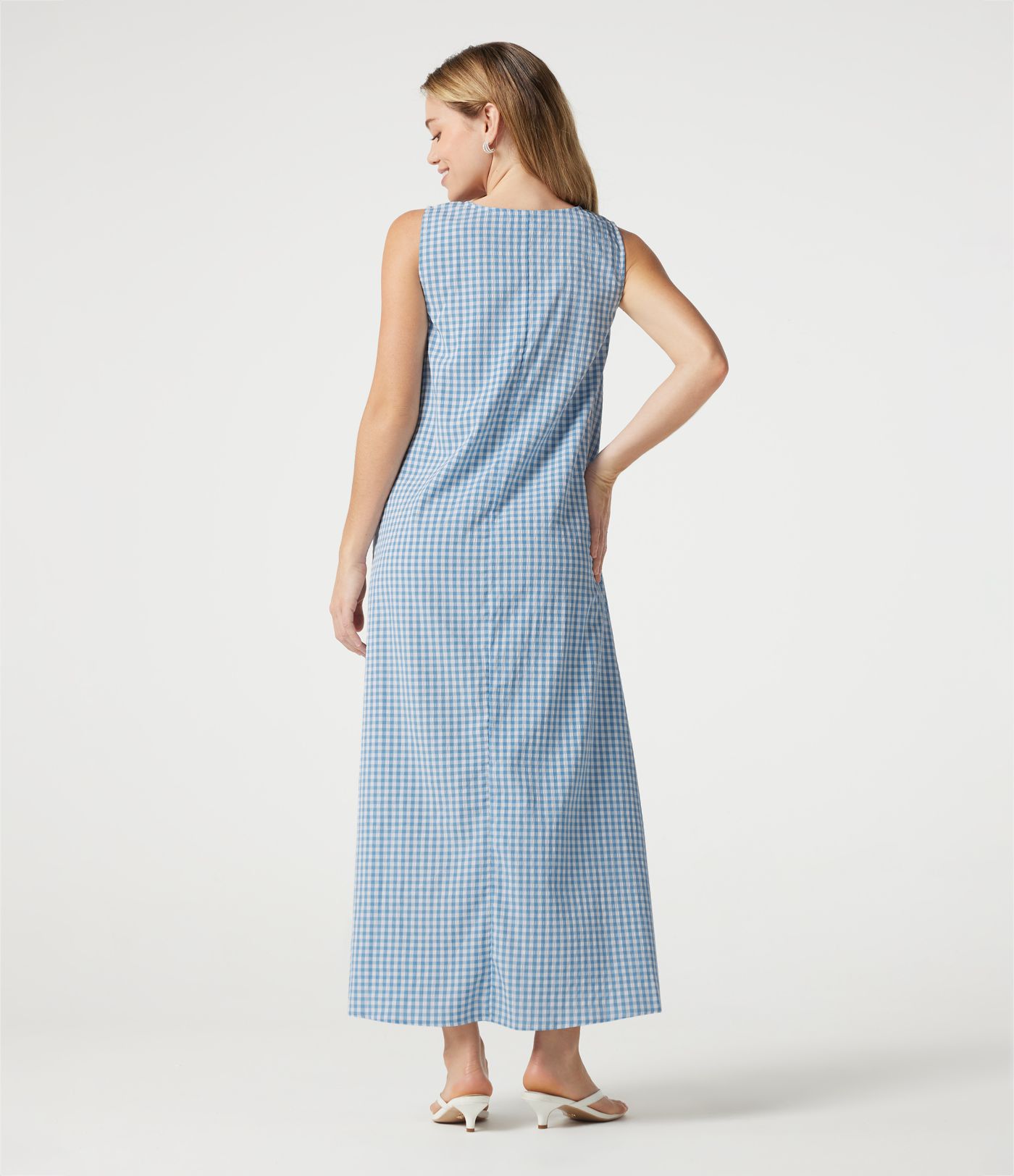 Round Neck Sleeveless Midi Crinkle Gingham Casual Tank Dress with Pockets