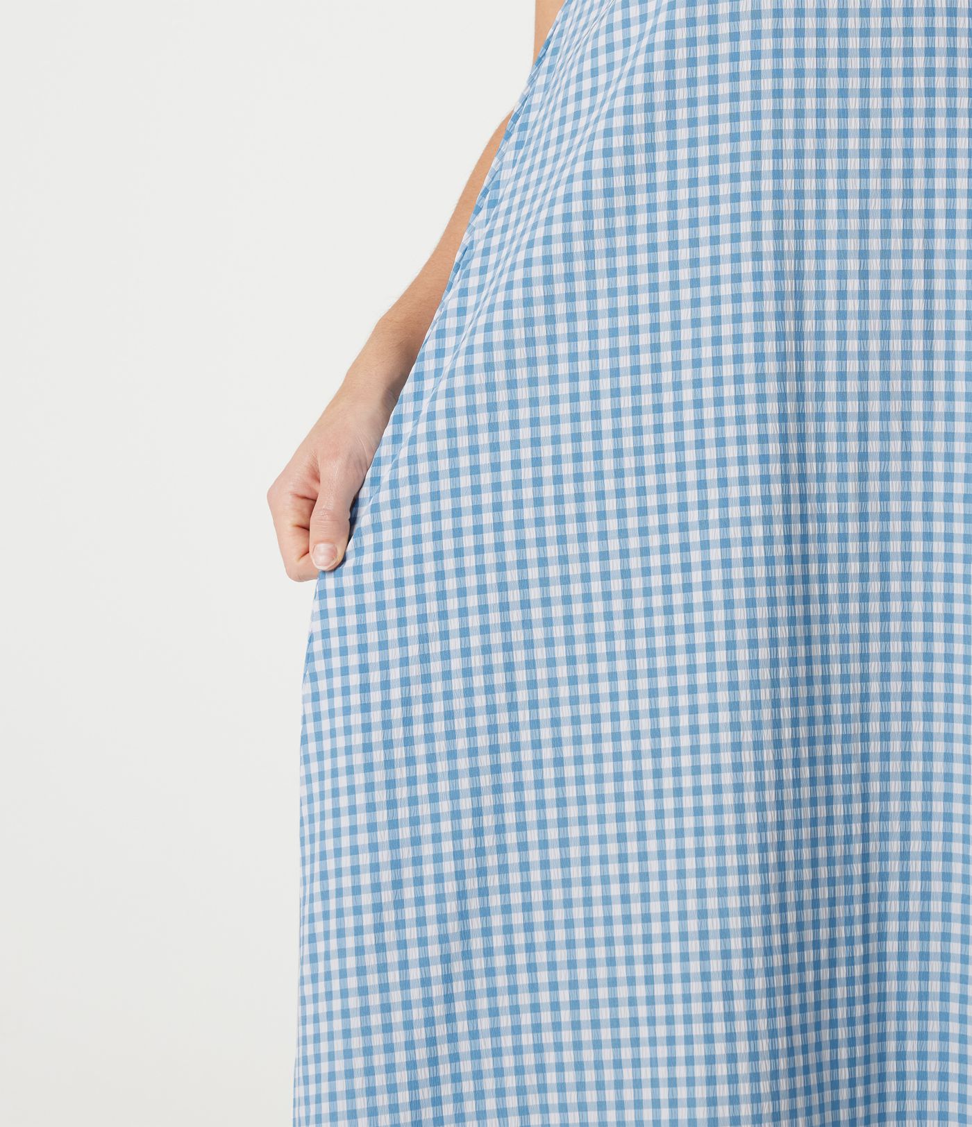 Round Neck Sleeveless Midi Crinkle Gingham Casual Tank Dress with Pockets
