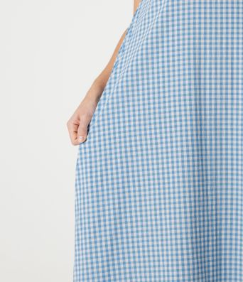 Round Neck Sleeveless Midi Crinkle Gingham Casual Tank Dress with Pockets