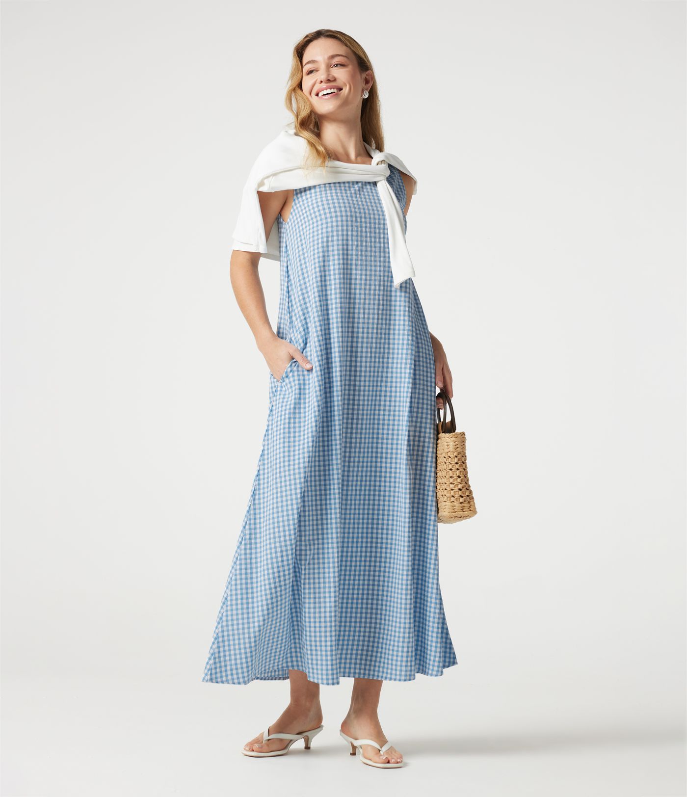 Round Neck Sleeveless Midi Crinkle Gingham Casual Tank Dress with Pockets