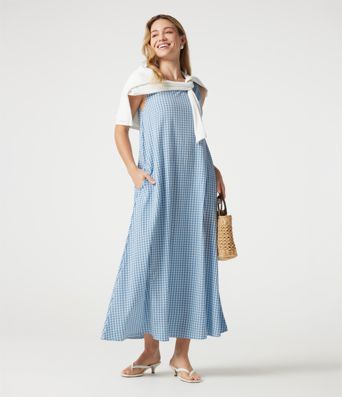 Round Neck Sleeveless Midi Crinkle Gingham Casual Tank Dress with Pockets