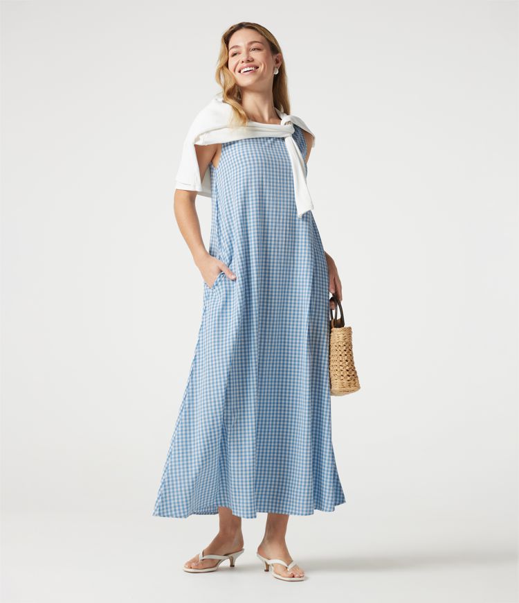 Round Neck Sleeveless Midi Crinkle Gingham Casual Tank Dress with Pockets