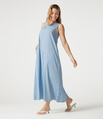Round Neck Sleeveless Midi Crinkle Gingham Casual Tank Dress with Pockets