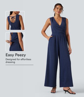 Mono sin mangas con escote en V, lazada en la espalda, pierna ancha, estilo casual metalizado con bolsillos — Edición Easy Peezy