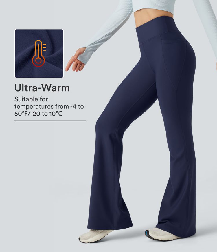 Pantalones flare de yoga de forro polar con cintura alta fruncida y bolsillos Pantalones flare de yoga de forro polar con cintura alta fruncida y bolsillos