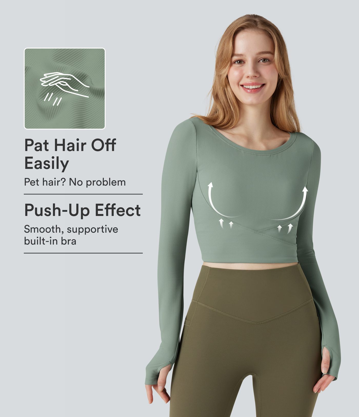 Patitoff™ Flow Tierhaarresistentes Push-up-Langarm-Cropped Yoga-Sport-Top mit Daumenloch Patitoff™ Flow Tierhaarresistentes Push-up-Langarm-Cropped Yoga-Sport-Top mit Daumenloch