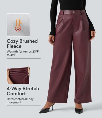 Pantalones casuales de PU (piel sintética), tiro alto y pierna ancha, forrados en polar y con bolsillos