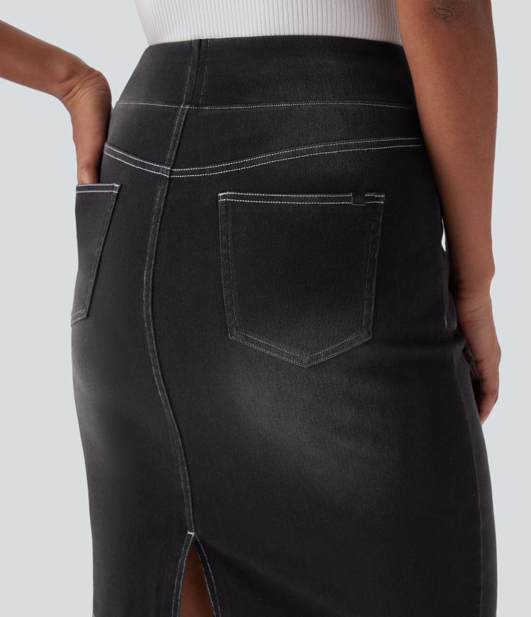 Halara Flex™ High Waisted Pockets Washed Denim Women Midi Casual Skirt Halara Flex™ High Waisted Pockets Washed Denim Women Midi Casual Skirt