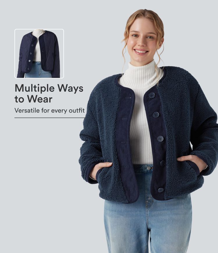 Reversible Long Sleeve Casual Sherpa Jacket with Pockets (Two Looks in One) Reversible Long Sleeve Casual Sherpa Jacket with Pockets (Two Looks in One)