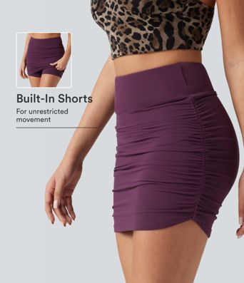 High Waisted Mesh Overlay Ruched Curved Hem 2-in-1 Mini Bodycon Party Skirt