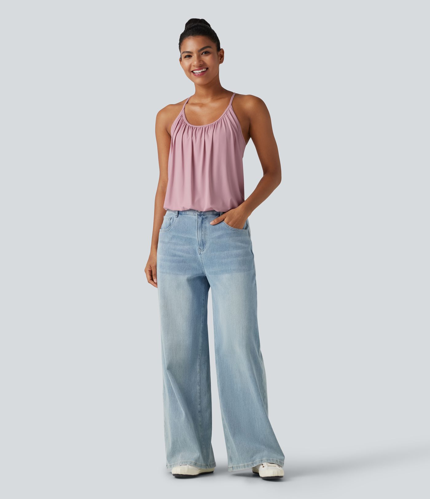 U-Neck Ruched 2-in-1 Built-in Bra InstantCool Quick Dry Casual Tank Top-UPF50+ U-Neck Ruched 2-in-1 Built-in Bra InstantCool Quick Dry Casual Tank Top-UPF50+