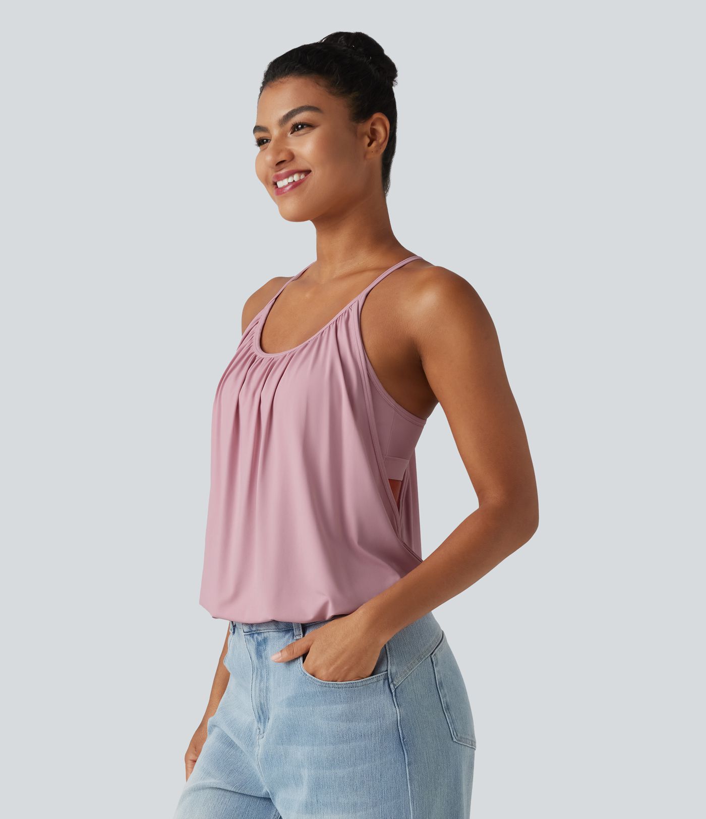 U-Neck Ruched 2-in-1 Built-in Bra InstantCool Quick Dry Casual Tank Top-UPF50+ U-Neck Ruched 2-in-1 Built-in Bra InstantCool Quick Dry Casual Tank Top-UPF50+