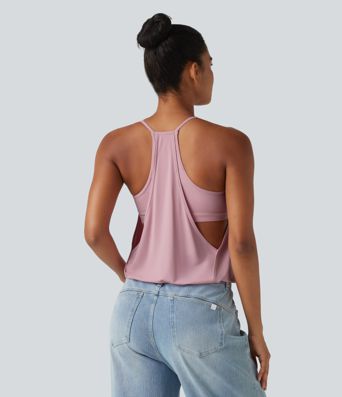 U-Neck Ruched 2-in-1 Built-in Bra InstantCool Quick Dry Casual Tank Top-UPF50+ U-Neck Ruched 2-in-1 Built-in Bra InstantCool Quick Dry Casual Tank Top-UPF50+