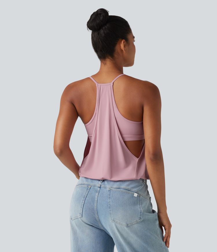 U-Neck Ruched 2-in-1 Built-in Bra InstantCool Quick Dry Casual Tank Top-UPF50+ U-Neck Ruched 2-in-1 Built-in Bra InstantCool Quick Dry Casual Tank Top-UPF50+