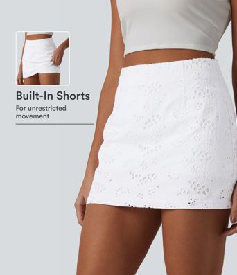 High Waisted Invisible Zipper 2-in-1 Embroidery Eyelet Mini Resort A-Line Skirt
