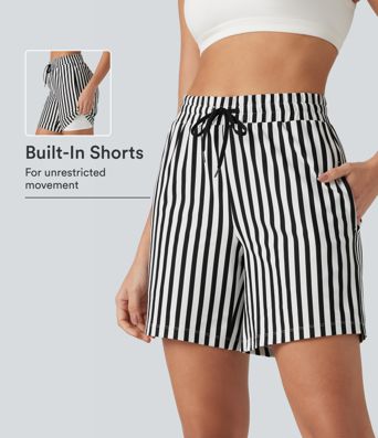2-in-1 Yoga-Shorts mit hohem Bund, Seitentaschen, Kordelzug und Streifen - 17,8 cm 2-in-1 Yoga-Shorts mit hohem Bund, Seitentaschen, Kordelzug und Streifen - 17,8 cm