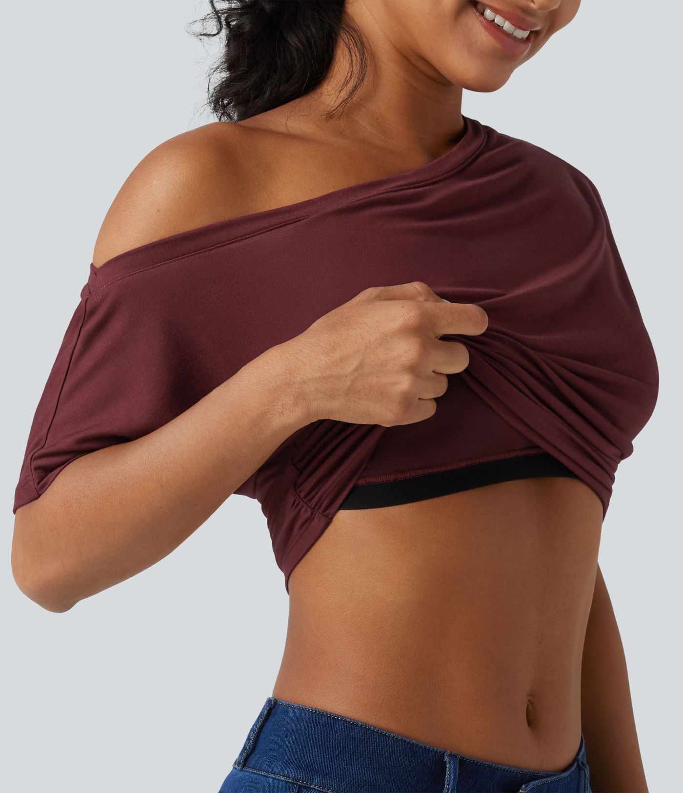 One-shoulder Short Sleeve Ruched Built-in Bra Casual T-Shirt