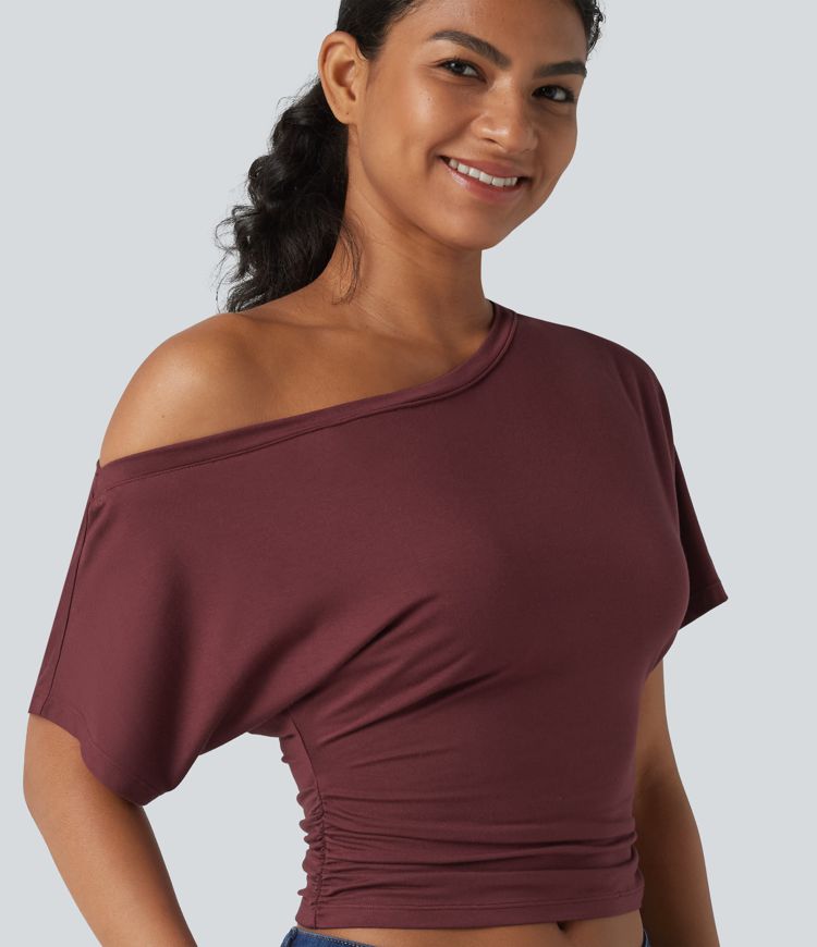 One-shoulder Short Sleeve Ruched Built-in Bra Casual T-Shirt