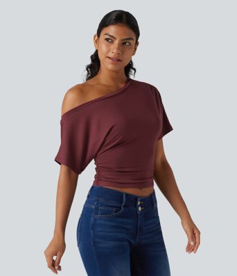 One-shoulder Short Sleeve Ruched Built-in Bra Casual T-Shirt