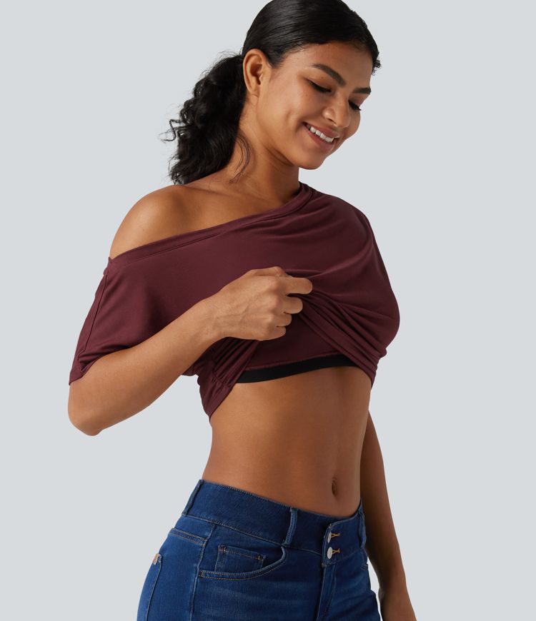 Women's One-shoulder Short Sleeve Ruched Built-in Bra Casual T